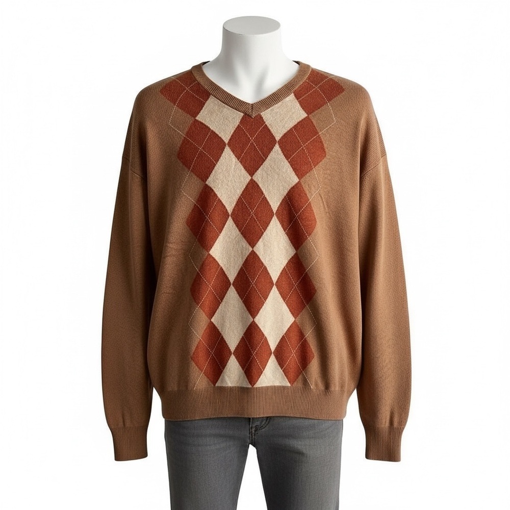Northern Isles Mens Silk Cashmere Blend Sweater XXL Argyle Print V Neck Preppy
